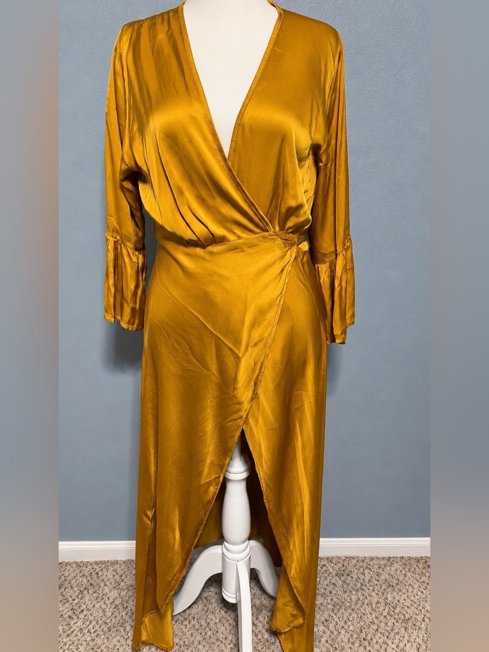 Meo Meli Gold Wrap Maxi Dress Bell Sleeve High Low Boho Glam Italy Chic Small